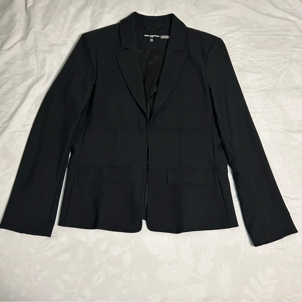 Karl Lagerfeld Corset Waist Blazer Womens 12 Black Hook and Eye Fitted Business - Picture 2 of 11
